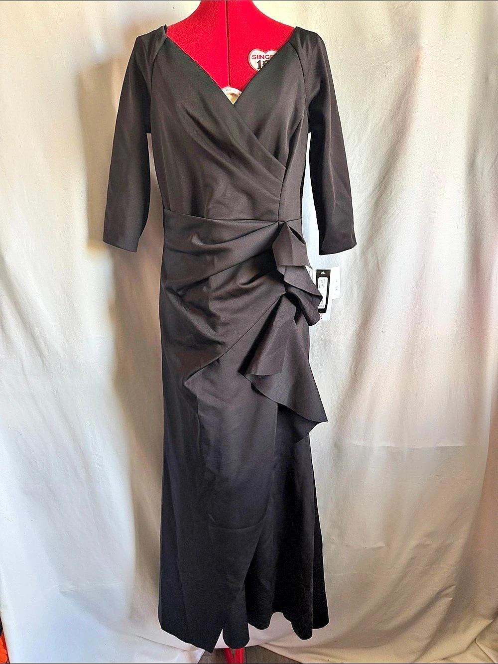 Xscape 3/4 Sleeve V-Neck Scuba Gown Black Maxi Dress 14P